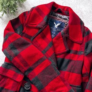 American Eagle Red Plaid Pea Coat Size XS